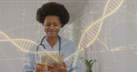 Black nurse using tablet with dna helix overlay for genomics and clinical data