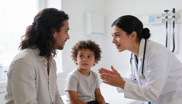 Female pediatrician talking and reassuring young boy while father listening in modern clinic