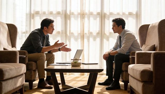 Business negotiation in hotel lounge two executives discussing deal over laptop