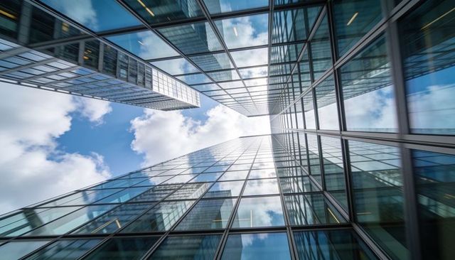 Soaring mirrored skyscrapers reflecting clouds with strong symmetry and city perspective
