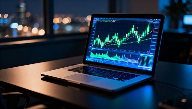Laptop displaying bullish candlestick charts on dark desk at night for trading analysis