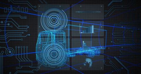 Futuristic wireframe semi-truck with digital data visualization
