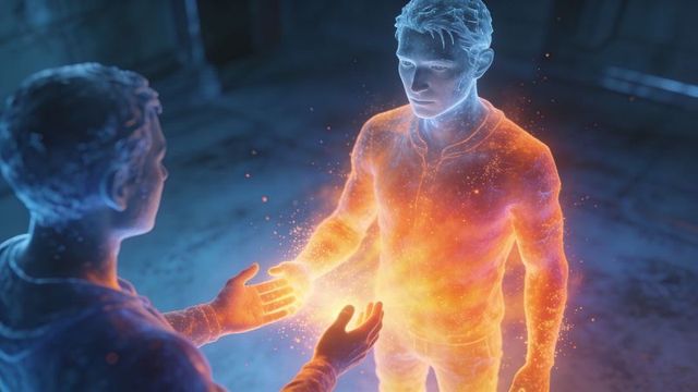 Holographic encounter glowing orange avatar reaching toward blue digital counterpart