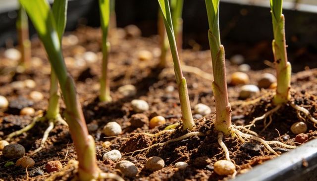 Sprouting seedlings revealing delicate root systems in clay pebble potting tray, close-up