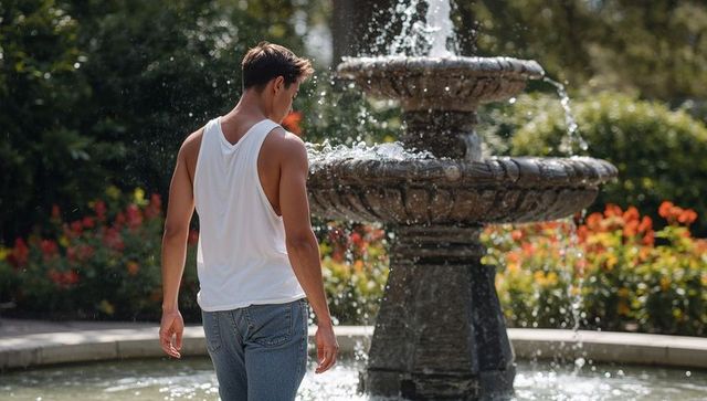 Man walking by two-tier fountain wearing white tank top and jeans in sunny garden park