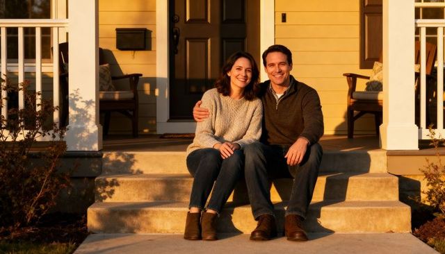 Smiling couple embracing on porch steps of suburban home in warm golden light