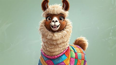Cheerful cartoon brown llama in colorful patchwork blanket