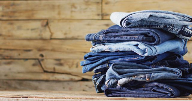 Stack of different denim jeans on a wooden table with a rustic wooden wall in the background. Great for use in fashion, retail, clothing stores, or casual wear promotions to emphasize product variety and casual lifestyle themes.