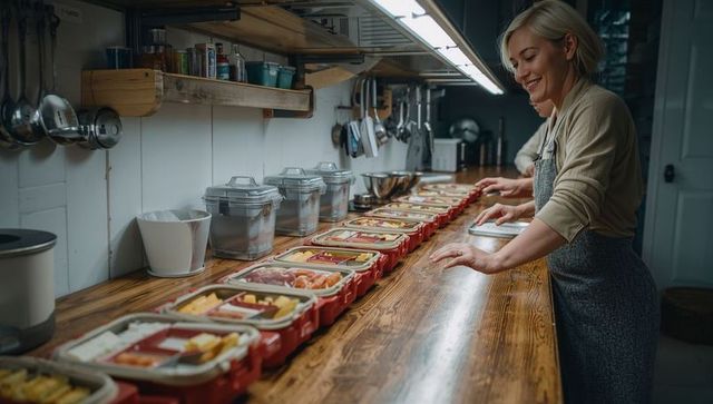 Smiling woman preparing meal-prep containers on long wooden counter wearing gray apron