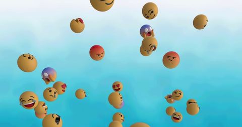 Floating emoji faces on blue gradient background expressing emotions
