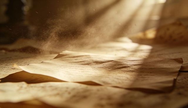 Sunlight streaming across old parchment revealing dust motes and handwritten script texture