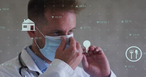 Doctor adjusting surgical mask with stethoscope and telemedicine HUD overlay for healthtech