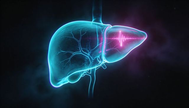 Holographic liver in cyan with magenta signal highlighting hepatic vasculature and gallbladder