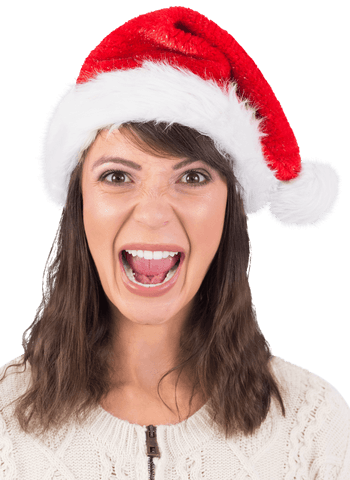 Excited woman in santa hat yelling with happiness