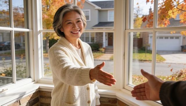 Senior woman welcoming visitor with handshake at bay window foyer during autumn in suburban home