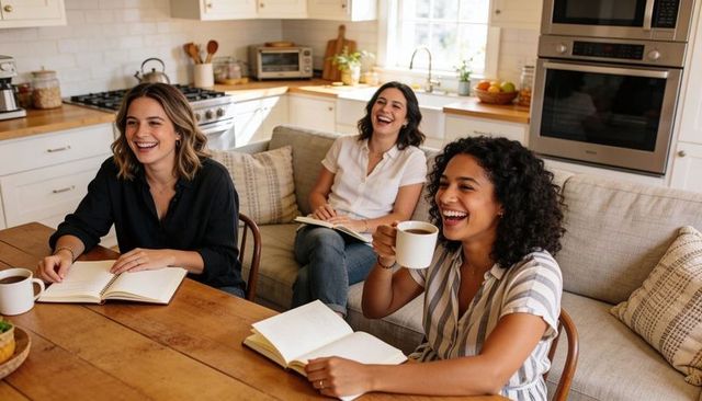 Women Laughing and Sharing Notes Over Coffee in Cozy Modern Kitchen at Home
