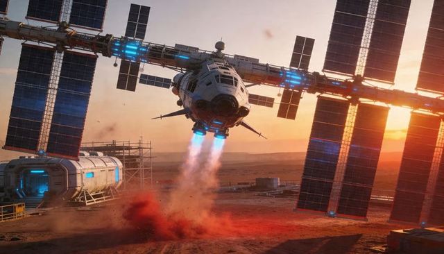 Sci-fi spacecraft descending over desert outpost sunset with solar panels and blue thrusters