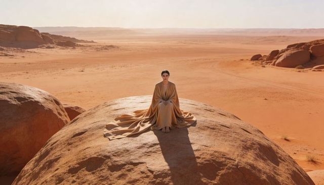 Sitting woman wearing flowing tan robe on sandstone boulder in orange desert casting long shadow