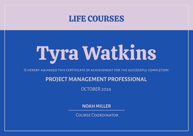 Certificate design featuring elegant blue background, highlighting professional development achievement in project management. Great for universities, online courses, training programs, and educational institutions to recognize student success. Customizable text fields, ideal for personalizing with individual names and course details.