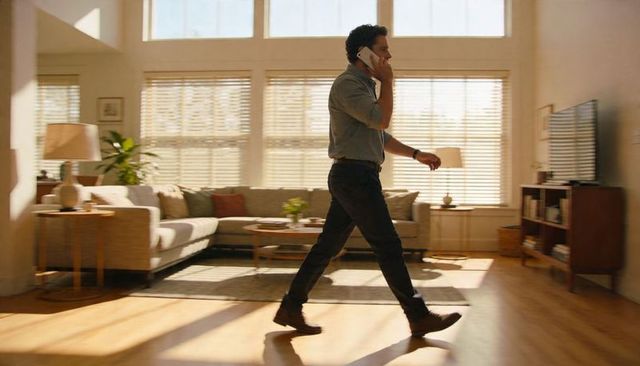 Walking man talking on phone in sunlit modern living room with sectional sofa