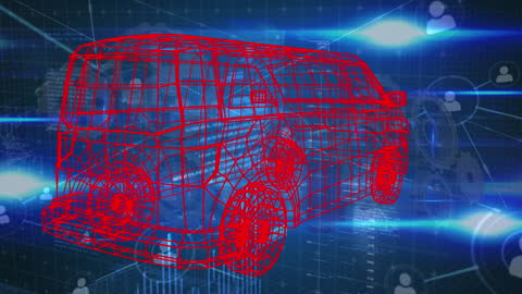Futuristic Rotating Car Model Against Digital Interface Background