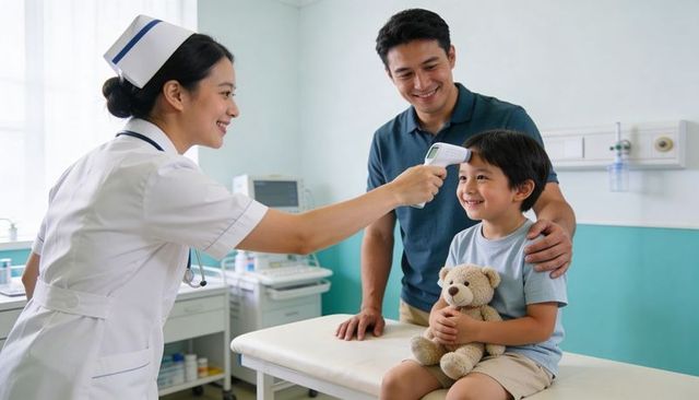 Pediatric nurse checking child forehead temperature with infrared thermometer in clinic