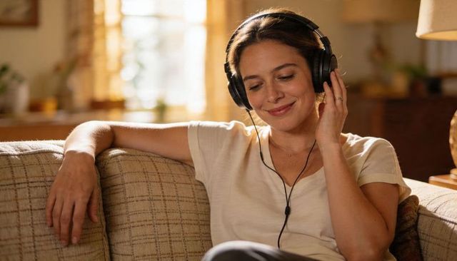 Woman relaxing on couch listening to music with over-ear headphones in sunlit living room