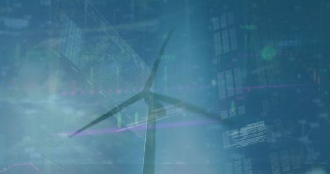 Wind turbine and digital data overlay represent renewable investment