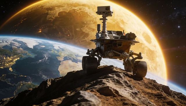 Perching six-wheeled rover surveying alien horizon with Earth and golden moon backdrop