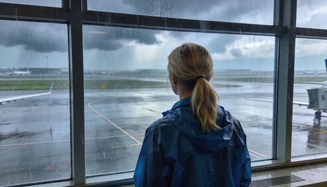 Woman watching stormy runway through terminal window wearing blue rain jacket