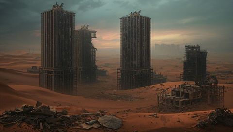 Skeletal high-rises in desert ruins with sand dunes