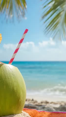 Vertical Video Showing Coconut with Striped Straw on Beach Towel, Tropical Relaxation