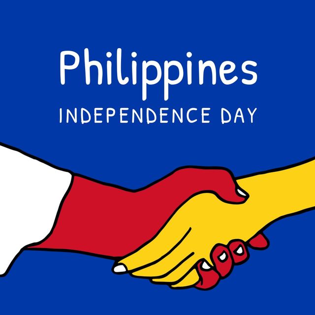 Digital composite image of philippines independence day text with handshake over blue background. unity, patriotism and identity concept.
