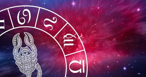 Scorpio Zodiac Symbol in Cosmic Wheel Against Starry Background