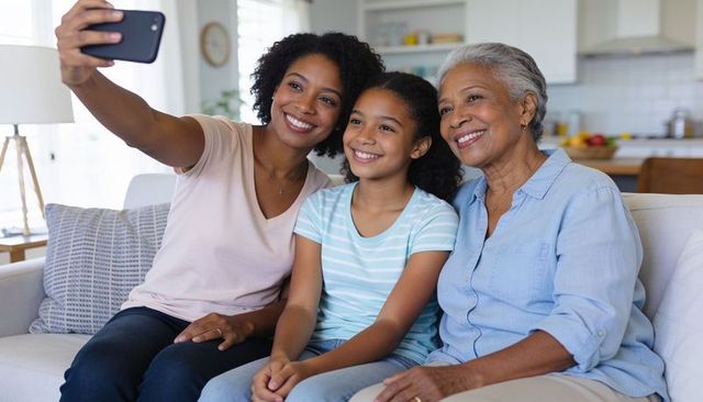 Multigenerational african american women taking selfie on sofa, smiling together