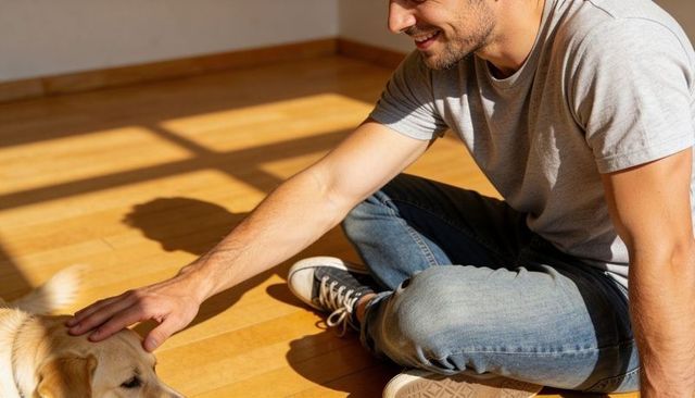 Man petting dog on sunlit hardwood floor, casual home bonding, relaxed lifestyle