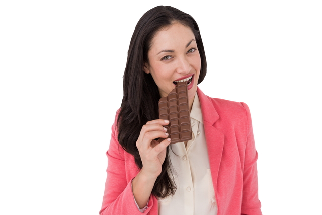 Smiling Brunette Woman Biting Bar of Chocolate on Transparent Background - Download Free Stock Videos Pikwizard.com