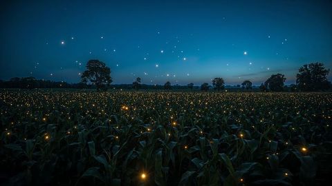 Firefly lights illuminate nebraska cornfield at dusk in summer nightscape