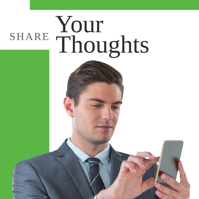 A young businessman in a suit is using his smartphone to share thoughts, symbolizing modern communication and corporate professional life. Ideal for corporate communication materials, mobile technology advertising, and business-related content.