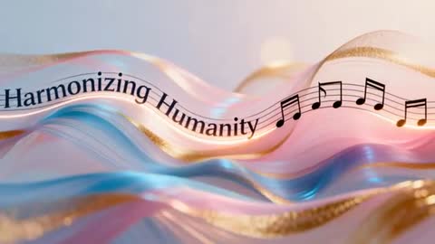 Flowing musical ribbon carrying Harmonizing Humanity text with pastel light and motion