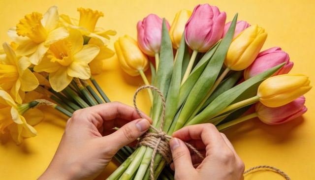 Hands tying spring tulip and daffodil bouquet with jute twine on yellow background