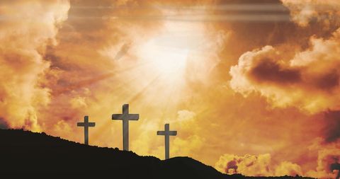 Three Crosses Silhouetted Against a Radiant Sunset Sky - Download Free Stock Images Pikwizard.com