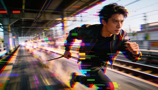 High-speed urban runner holding baton, running with glitch trails along train platform