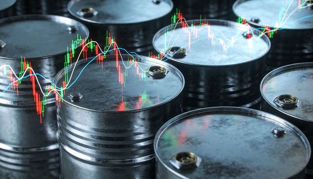 Steel Oil Barrels Reflecting Candlestick Charts and Moving Averages for Energy Markets