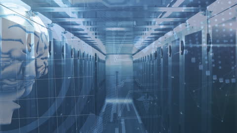 Futuristic AI and Data Processing Concept in Server Room