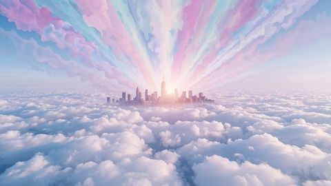 Futuristic City Skyline Floating Above Clouds with Pastel Light Beams