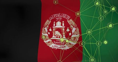 Afghanistan flag showing digital network overlay with finance icons and economic links