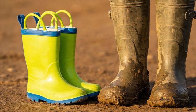 Standing lime-green child rain boots beside muddy adult wellies on sunlit countryside soil