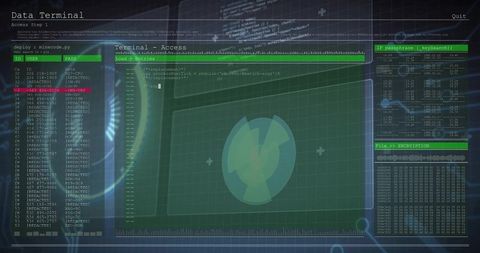 Futuristic Cybersecurity Interface with Terminal and Data Visualization