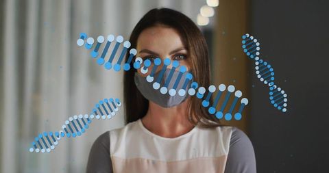 Woman wearing mask with dna helix graphics representing genomics research and biotech